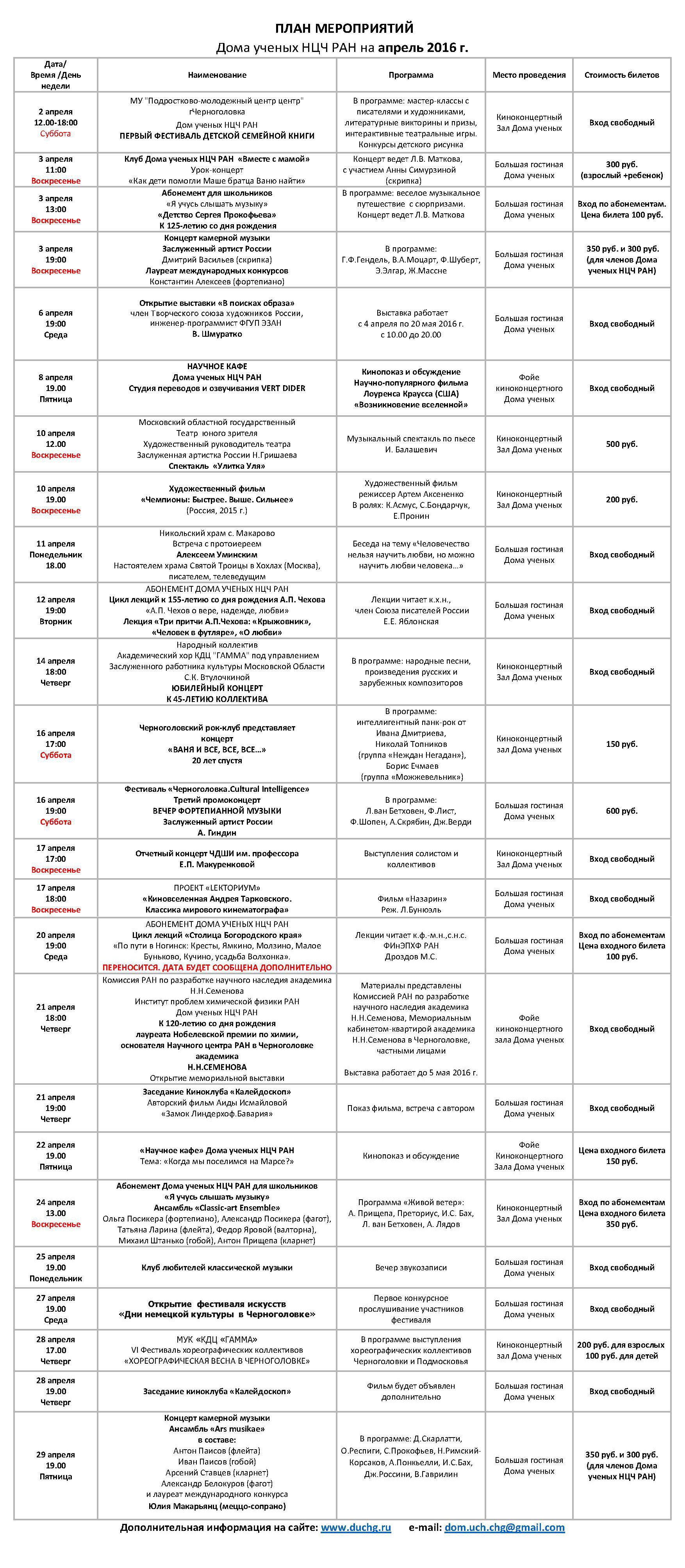Дом ученых Научного центра РАН в Черноголовке » План мероприятий на апрель  2016 г.